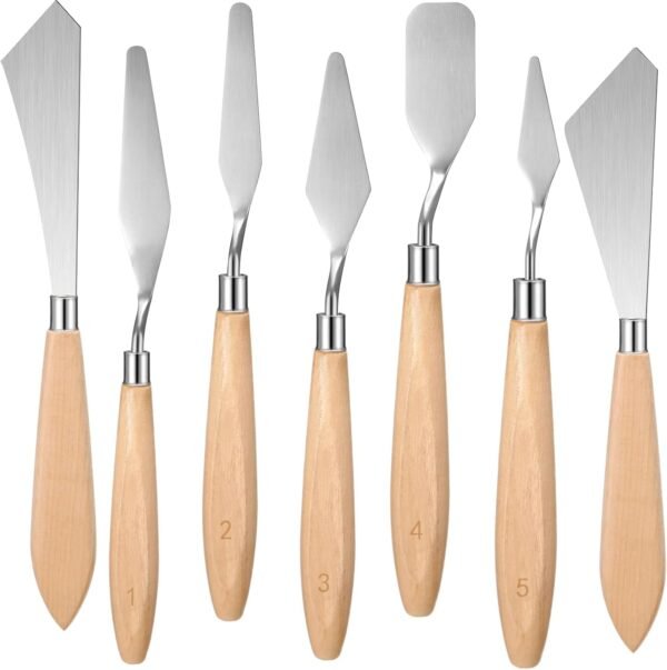 7 Pieces Painting Knife Set Spatula Palette Knife Stainless Steel Drawing Scraper Oil Painting Accessories with Wood Handle for Art Acrylic Draw Color Mixing Supplies(Wood Color)