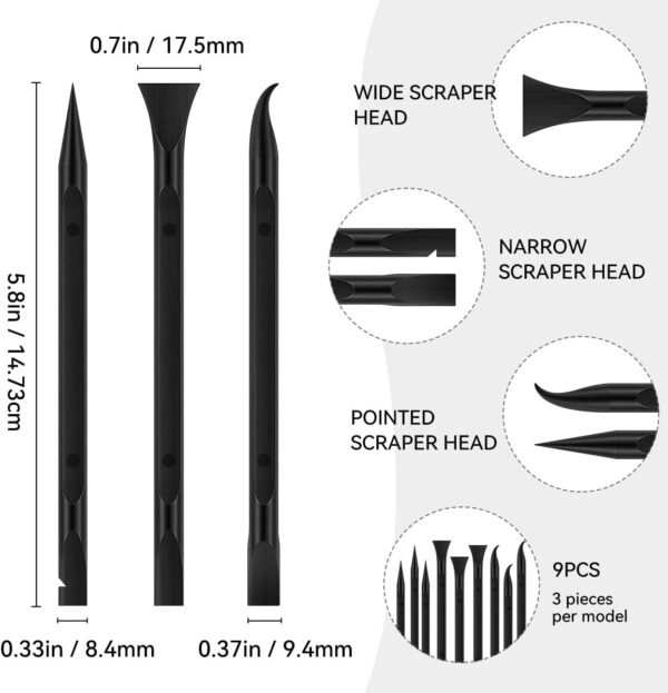 9 Pieces Plastic Scraper Tool for Tight Spaces, Non-Scratch Kitchen Scraper Cleaning Pen, Perfect for Remove Stickers, Labels, Oil Stains, Food, Dirt (Black)