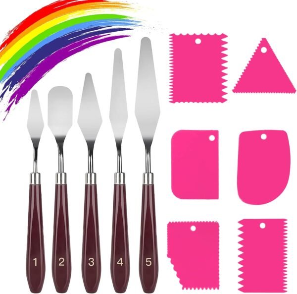 11 Pcs Palette Knife Set, 5 Pcs Stainless Steel Palette Knives and 6 Pcs Plastic Scrapers, Painting Accessories for Oil Acrylic Canvas Painting Color Mixing Thick Paint Applications (Pink)
