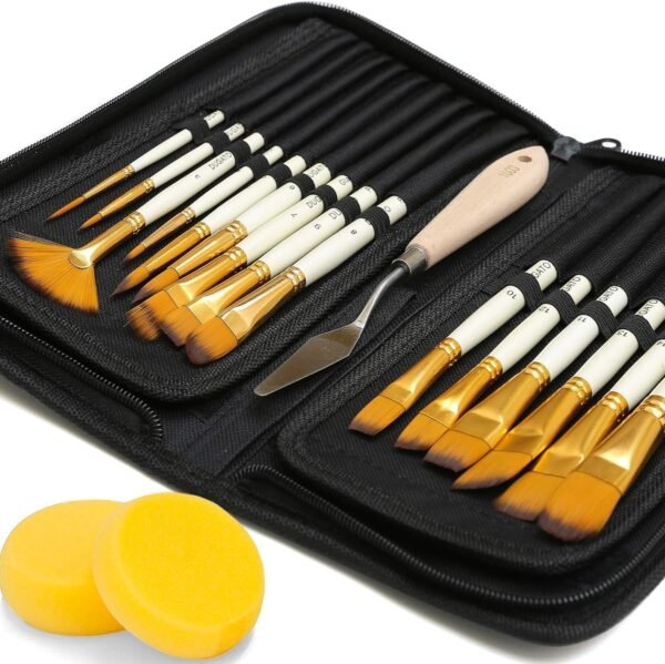 15pc Artist Paint Brush Set with Pop-Up Case, Palette Knife & Sponges - Nylon Hair for Acrylic, Oil, Watercolor, Gouache, Model & Craft Painting